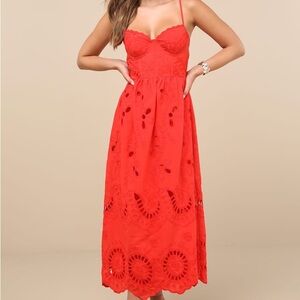 Lulu's Red Embroidered Midi Dress